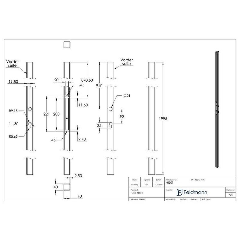 Schlossrohr 40x40x2,5 glatt, L:2000mm