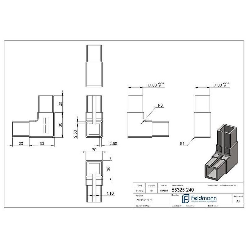 Eckverbinder für quadratisches Klemmprofil 20x20x1,25 mm, V2A