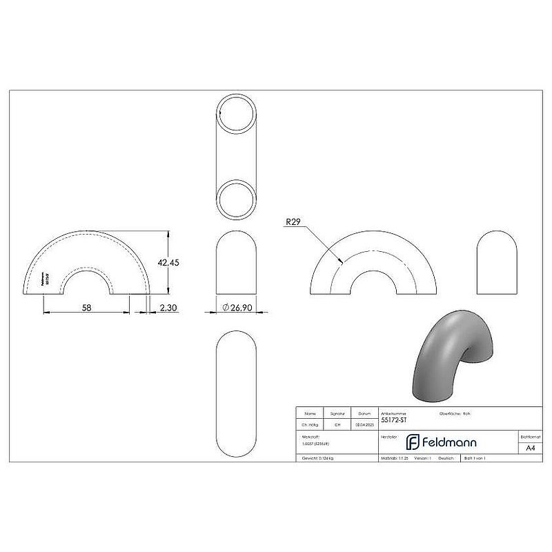 Schweißbogen 180°, 26,9 x 2,3mm, Bauart 3