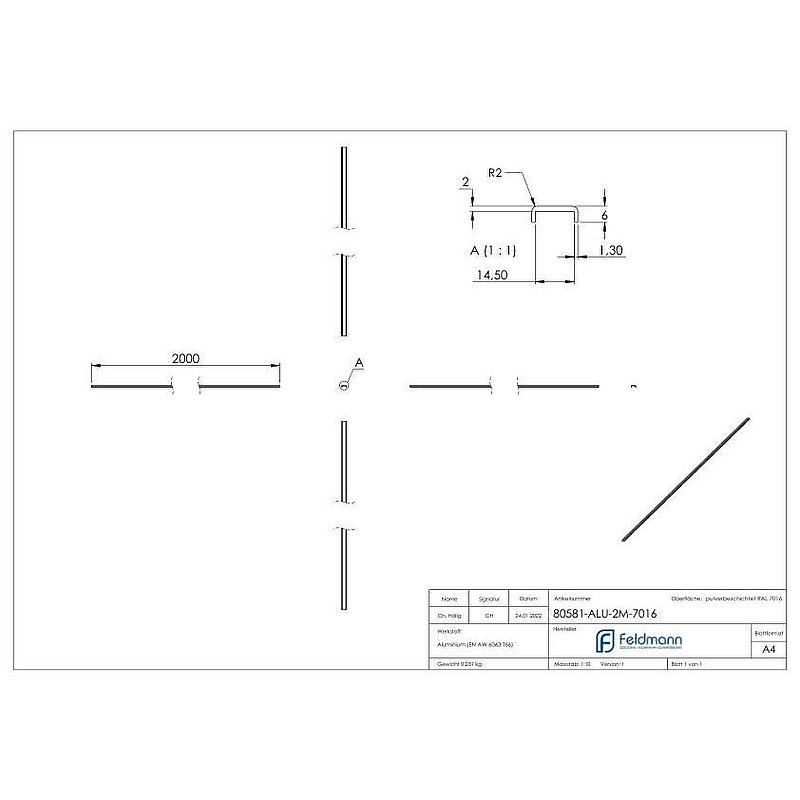 Main courante EXTRA SLIM, pour verre 12,00 - 13,52mm, L: 2000mm, aluminium RAL 7016