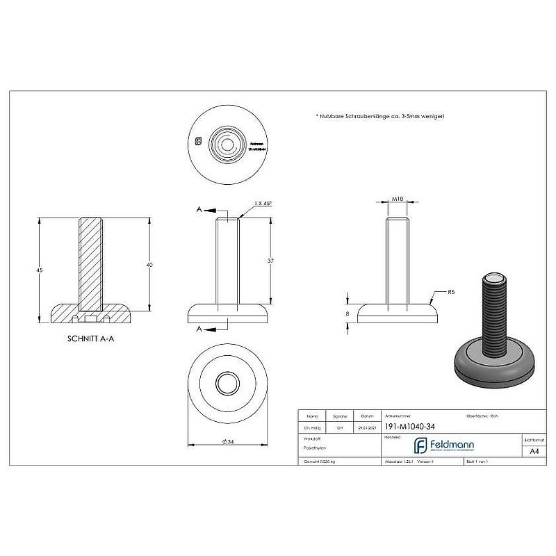 Pied réglable avec vis de compensation M10x40