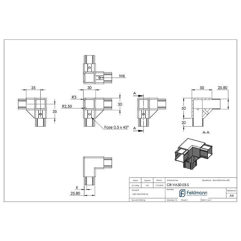 CORNECT® Ecke 90° mit Abgang, V2A
