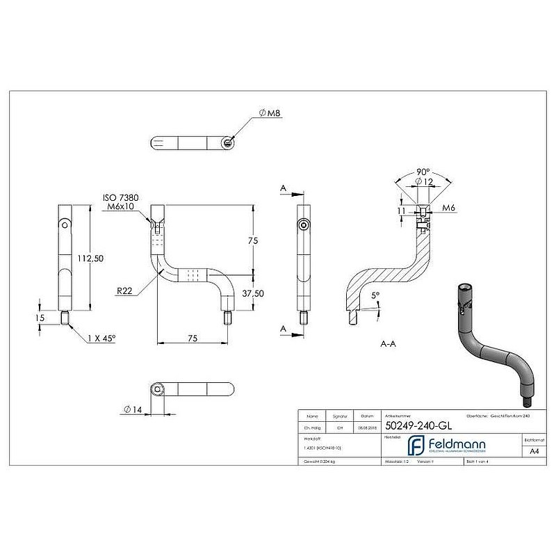 Étrier Ø 14mm, 2x courbé à 90°, avec articulation, V2A