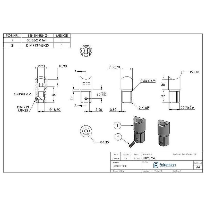 Anschlussstück 90°, Anschluss oben: 42,4mm, V2A