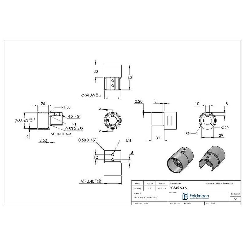Connector for grooved tube 42.4x1.5mm, AISI316