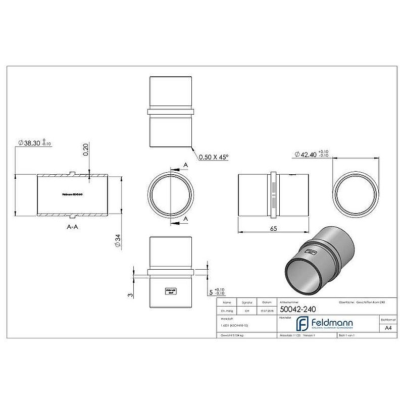 Verbindungsstück für Rohr 42,4x2,0mm, V2A