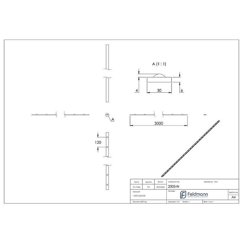 Flat bar with rivets 30x6mm, L: 3000mm