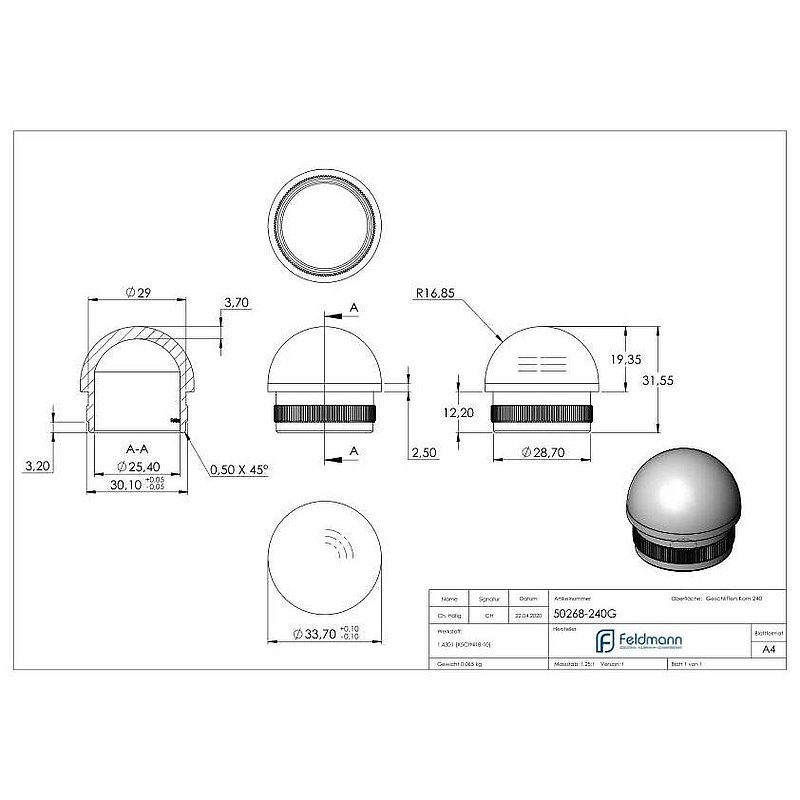 Rohrabschlussstopfen, für Rohr 33,7x2,0mm, V2A