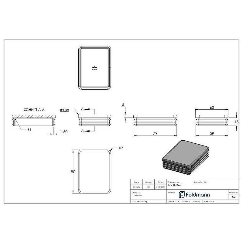 Kunststoffkappe für Rechteckrohr 80x60mm
