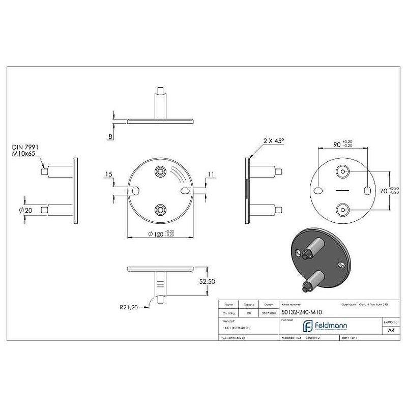 Wandbefestigung für Geländerpfosten 42,4mm, V2A