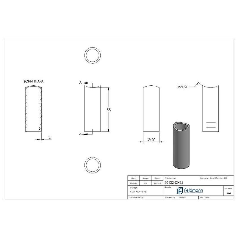 Spacer sleeve, L: 55mm, for 42.4mm, AISI304