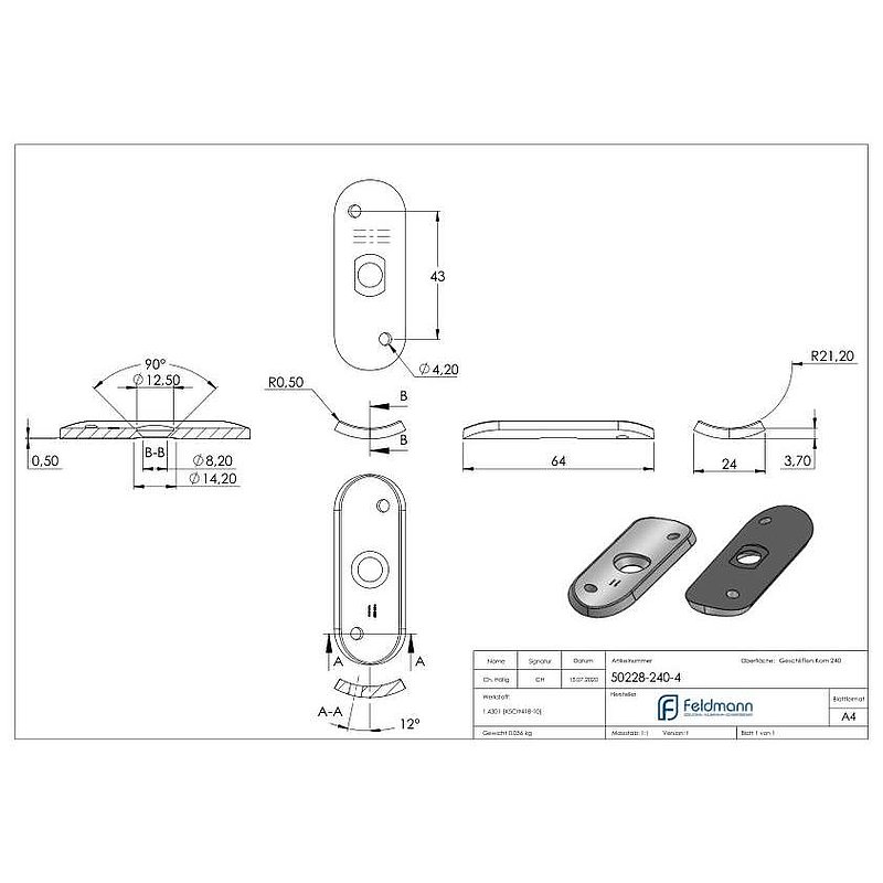 Handlaufanschlussplatte, 42,4mm, Bohrungen versetzt, V2A
