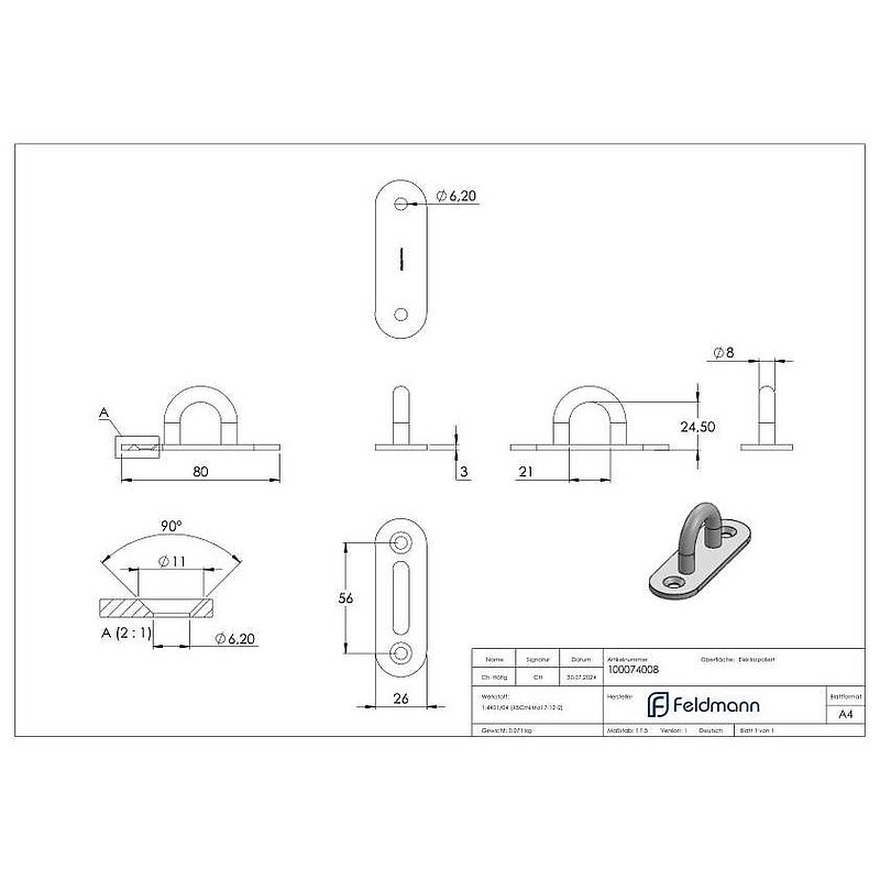 Oeillet de fixation avec plaque ovale V4A