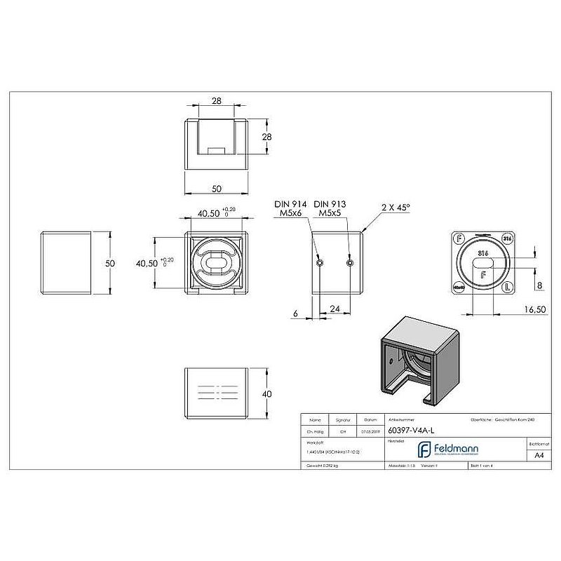 Wandbefestigung für Quadratnutrohr 40x40mm, links, V4A