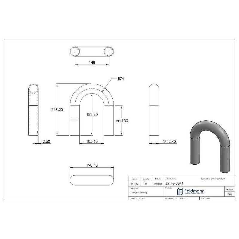 Tube bend 180°, made from 42.4x2.5mm tube, AISI304