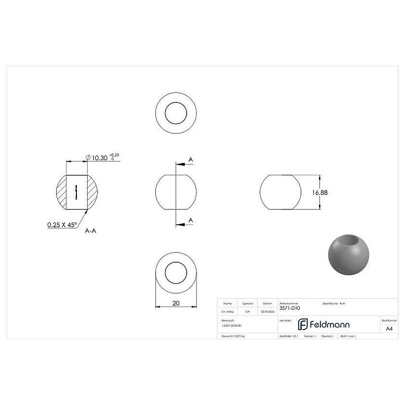 Massivkugel 20mm, mit Durchgangsbohrung 10,3mm