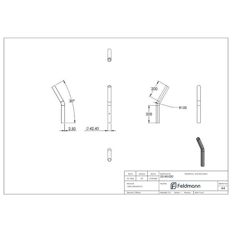 Tube bend 30°, made of tube 42.4x2.5mm, AISI304