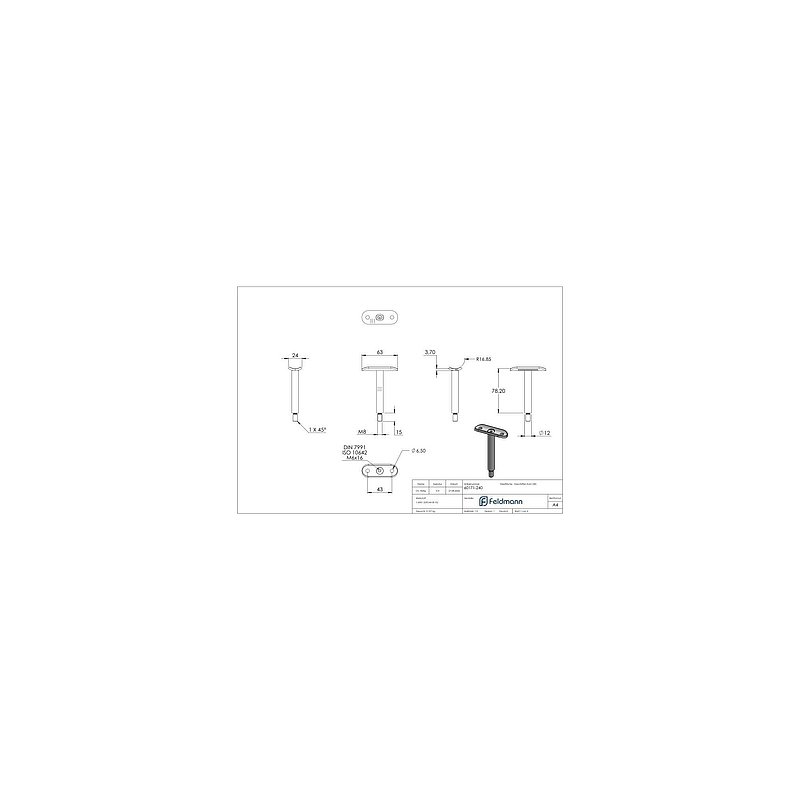 Pin Ø 14mm with handrail connection plate for tube 33.7mm, AISI304