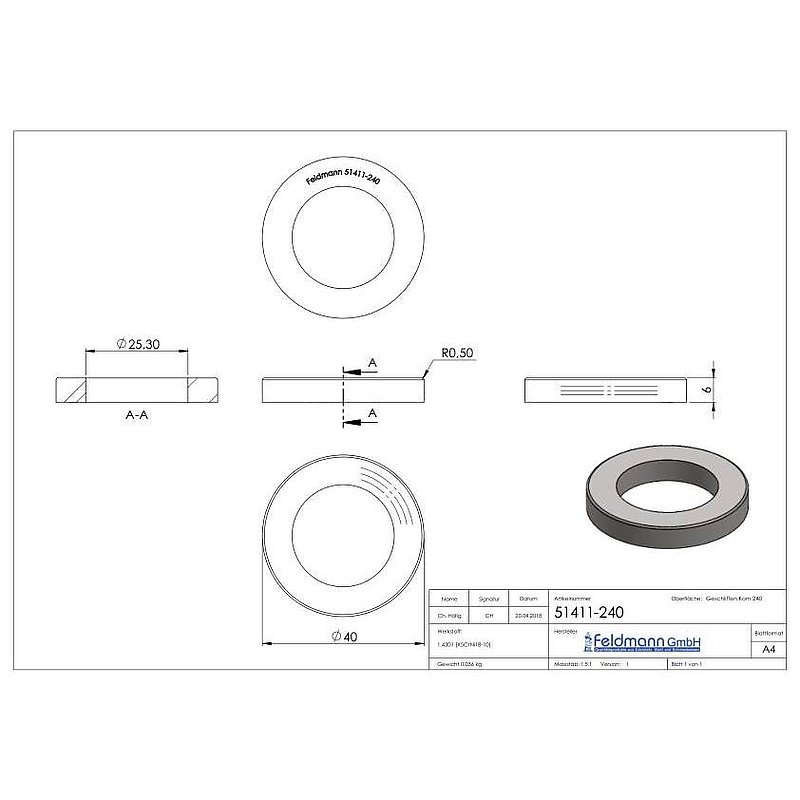 Abdeckring, 40x6mm, mit Bohrung 25,3mm, V2A