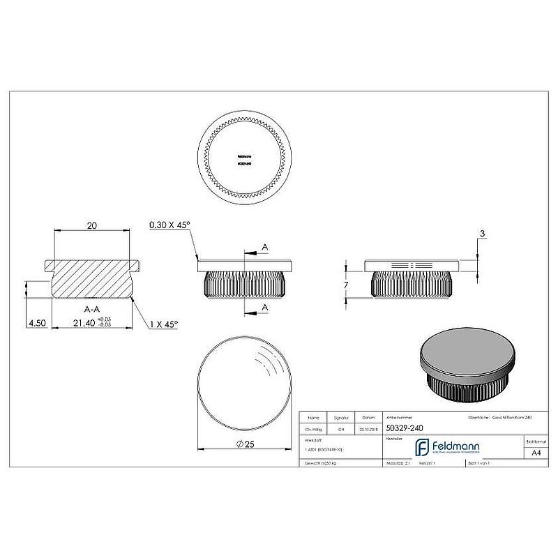 Tube end plug, for tube 25.0x2.0mm, AISI304