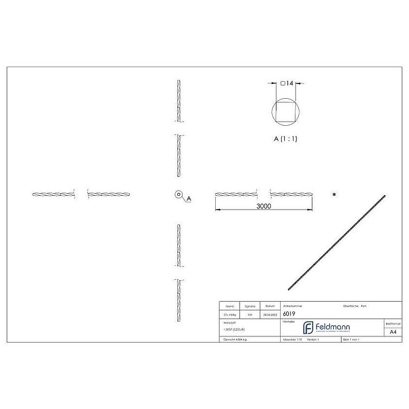Vierkant 14x14mm, durchgehend gedreht, L: 3000mm