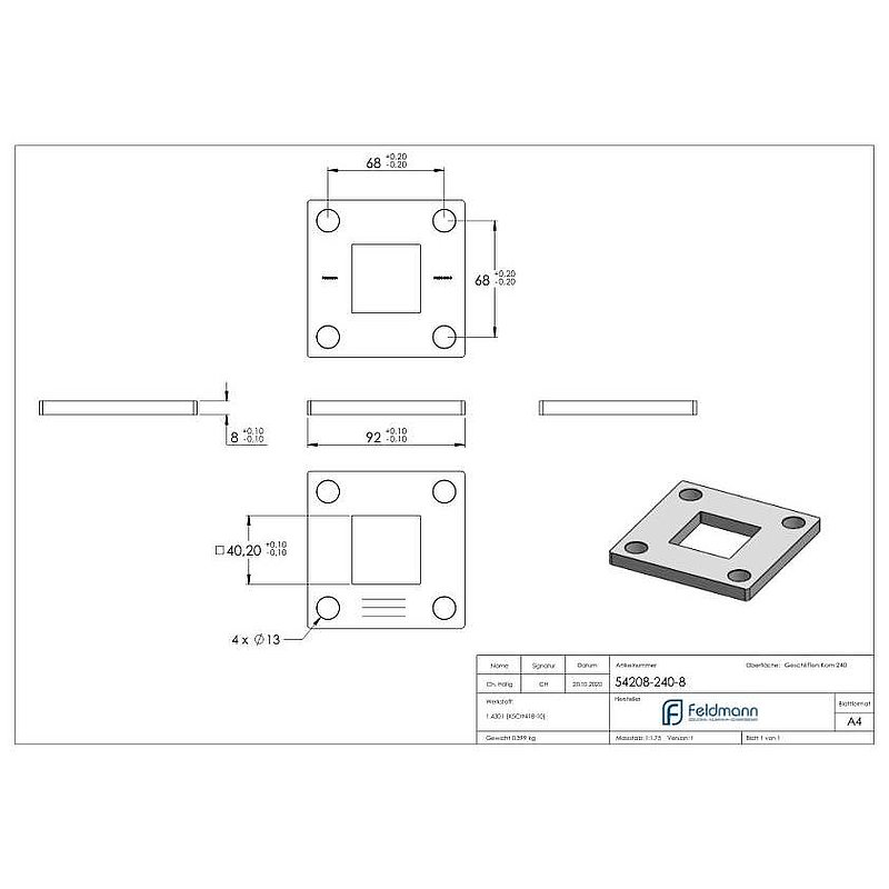 Ankerplatte, 92x92x8mm, mit Längsschliff, V2A