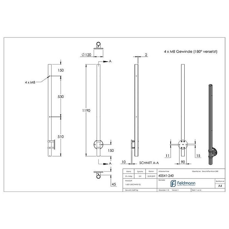 Stainless steel post AISI304 for wall mounting, H: 1190mm