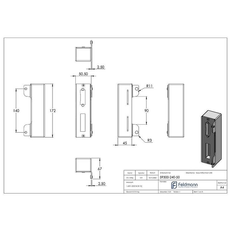 Edelstahlgegenkasten eckig, für Abstand 72mm, zum Anschweißen, 50mm, V2A