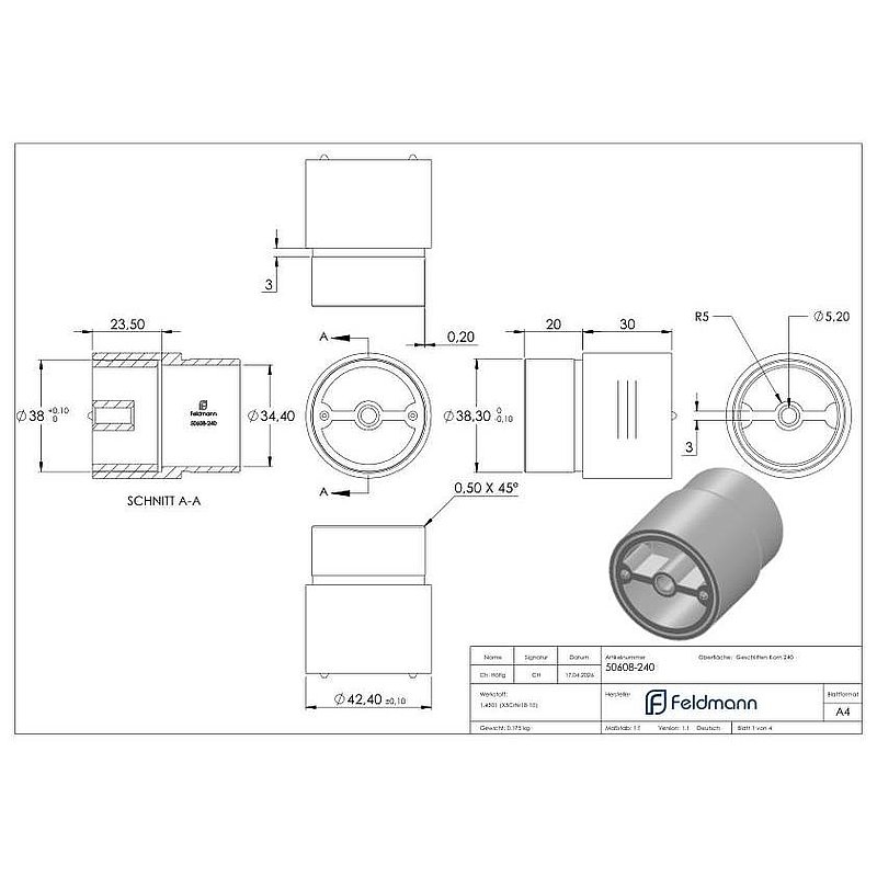 Raccord pour main courante en bois de 42,4 mm, V2A