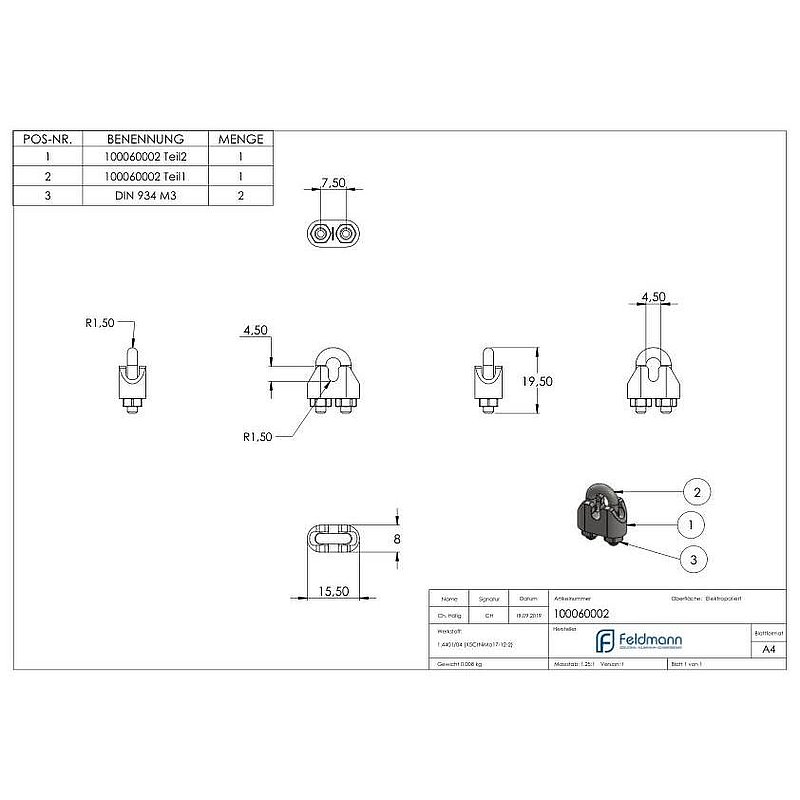 wire cable clamps for rope 2mm, with M4 thread, AISI316