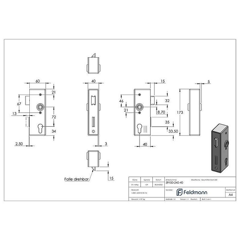 Edelstahlschlosskasten mit verzinktem Schloss, Abmessung: 40x60x173mm