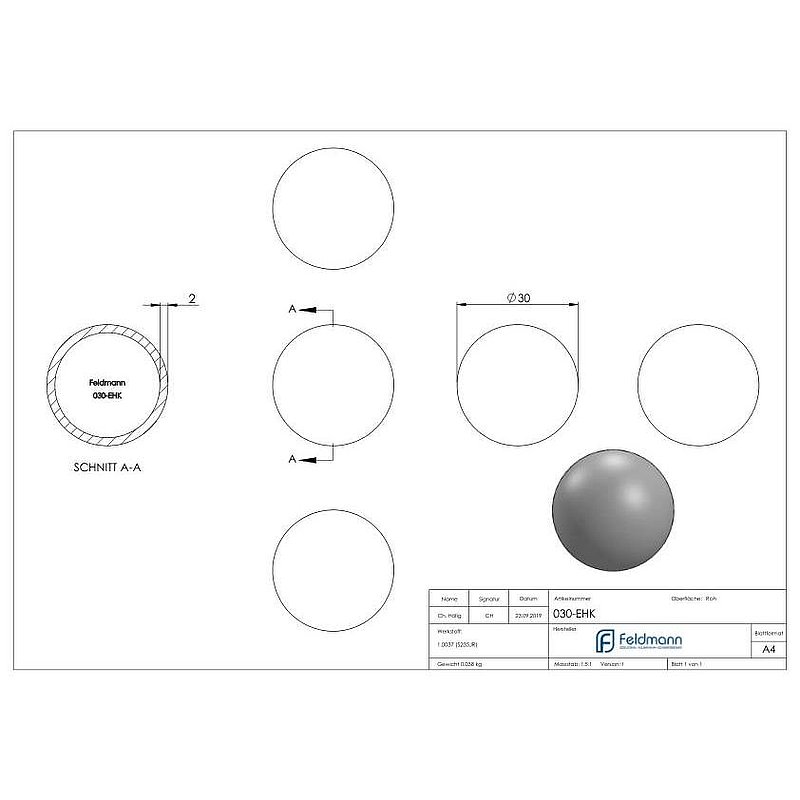 Eisenhohlkugel Ø 30x2,0mm