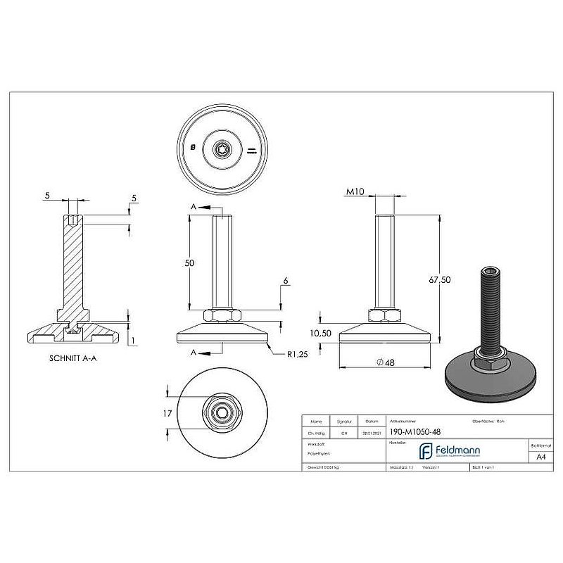 Levelling foot with adjusting screw with hexagon socket