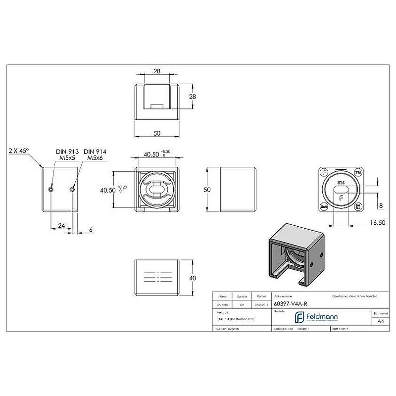 Wandbefestigung für Quadratnutrohr 40x40mm, rechts, V4A