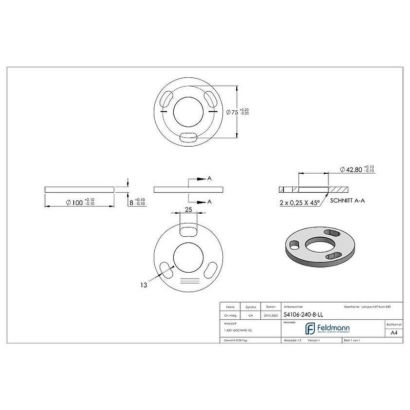 Ankerplatte Ø 100x8mm, mit Längsschliff, V2A