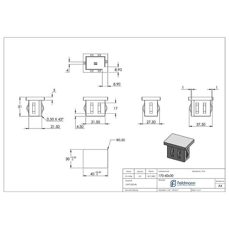 Steel end cap, for, rectangular tube 40x30mm