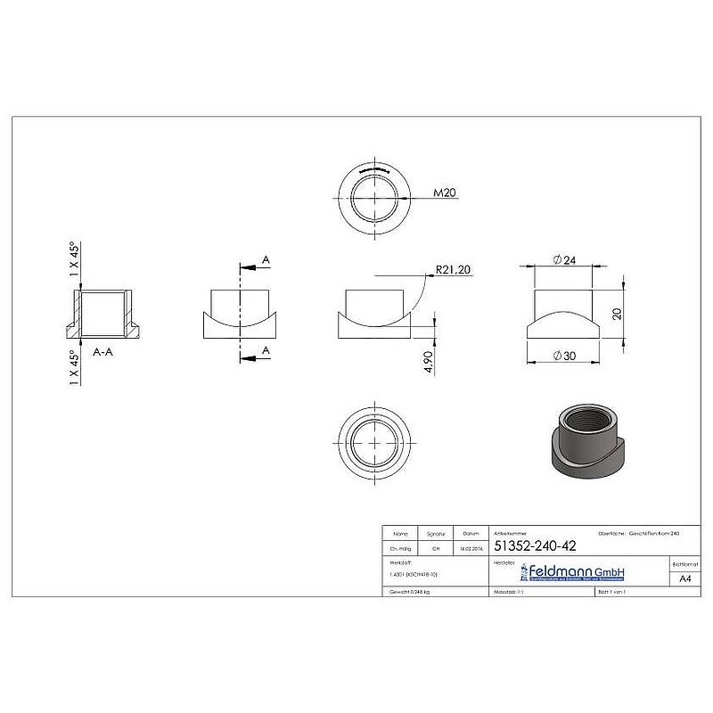 Gewindehülse, passend zu Torband 120-M20-VA, für Rohr 42,4mm, V2A