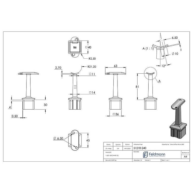 Rohrabschlussstopfen mit Stift für Rohr 40x40x2mm, V2A