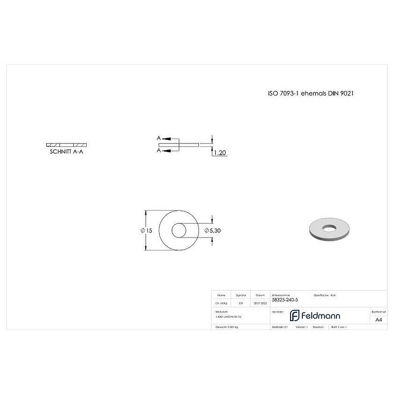 Large washer for M5 screws, ISO 7093-1, AISI304