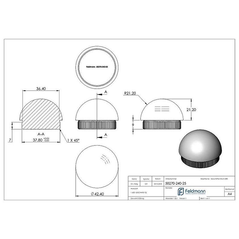 Rohrabschlussstopfen, für Rohr 42,4x2,5mm, V2A
