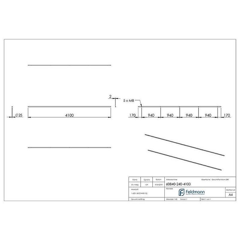 Rail de guidage pour portes coulissantes en verre, L: 4100mm, V2A