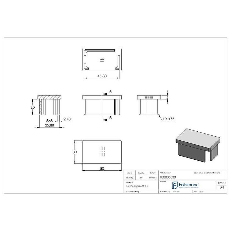Einsteckkappe, für Rohr 50x30x2,0mm, V4A