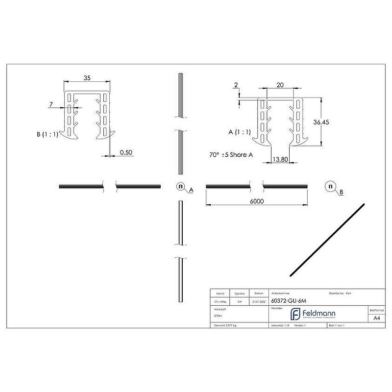Wedge seal for glass 16.76 - 17.52mm, for groove 34x34mm, 6m