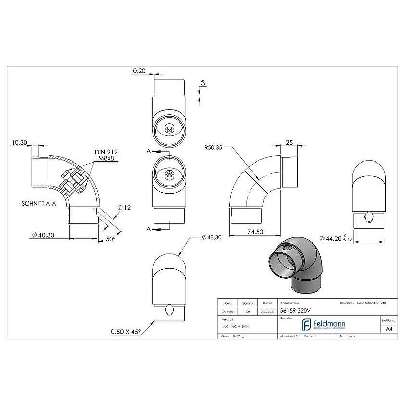 Tube bend 90°, adjustable, for tube 48.3x2.0mm, AISI304