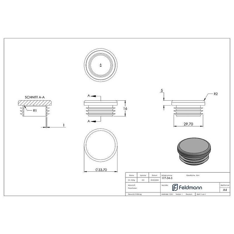 Plastic end cap for round tube 33.7 mm