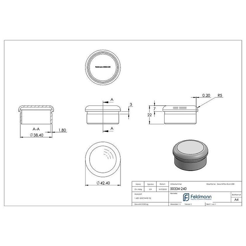 Rohrabschlussstopfen, für Rohr 42,4x2,0mm, V2A