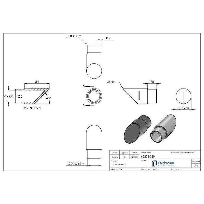 Endbogen 45°, für Rohr 33,7x2,0mm, V2A