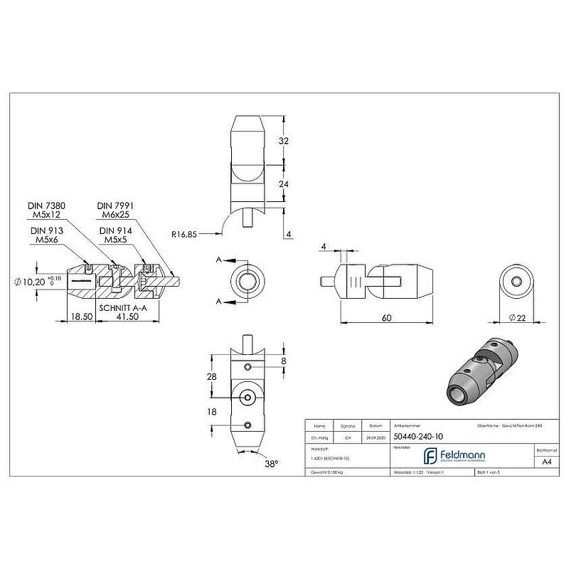 Cross bar holder with joint (for pushing from the front) 33.7 mm tube, 10.2 mm bore, AISI304
