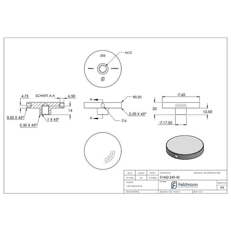Schraubplatte Ø 60mm mit M12 Gewinde, V2A