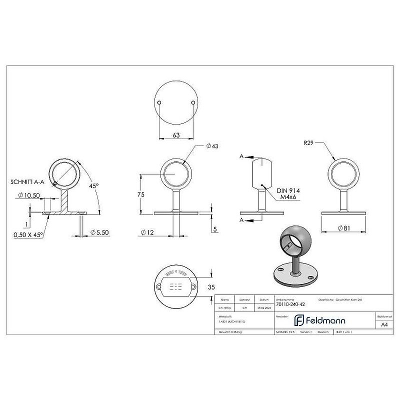 Rohrhalter, für Rohr 42,4mm, V2A